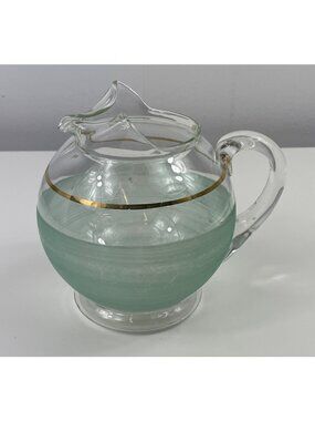 Vintage Mid-Century Blendo Pastel Green Glass Pitcher With Gold Trim